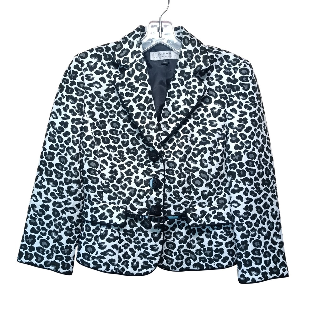 Tahari Arthur S. Levine Leopard Print Blazer Jacket‎ Black White Belted Womens 2